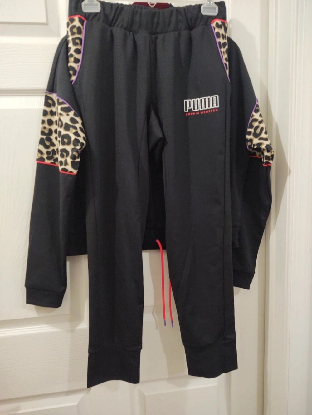 Sophia Webster Black PUMA Sweatshirt/Pant with Leopard Accent and Pink Piping - Picture 5 of 13